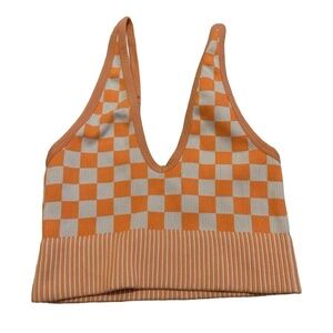 Garage Orange & White Checkered Ribbed Halter Crop Top - TP/XS